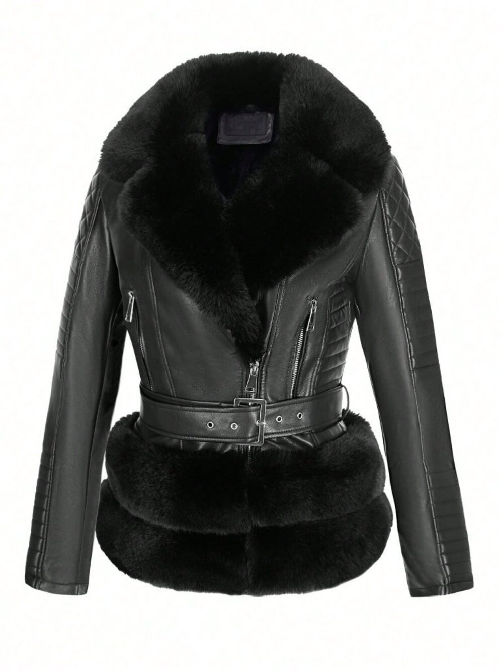 Black Preppy Women's Faux Leather Jacket With Elegant Fur Collar